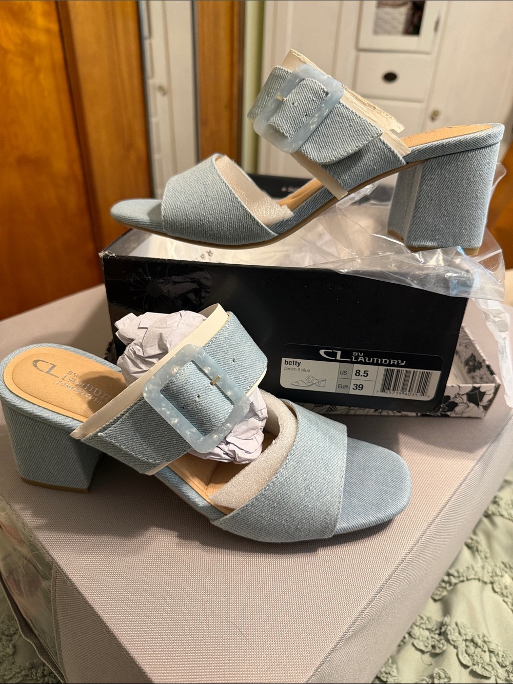 CL by Laundry Powder Blue Buckle Block Heel Mules